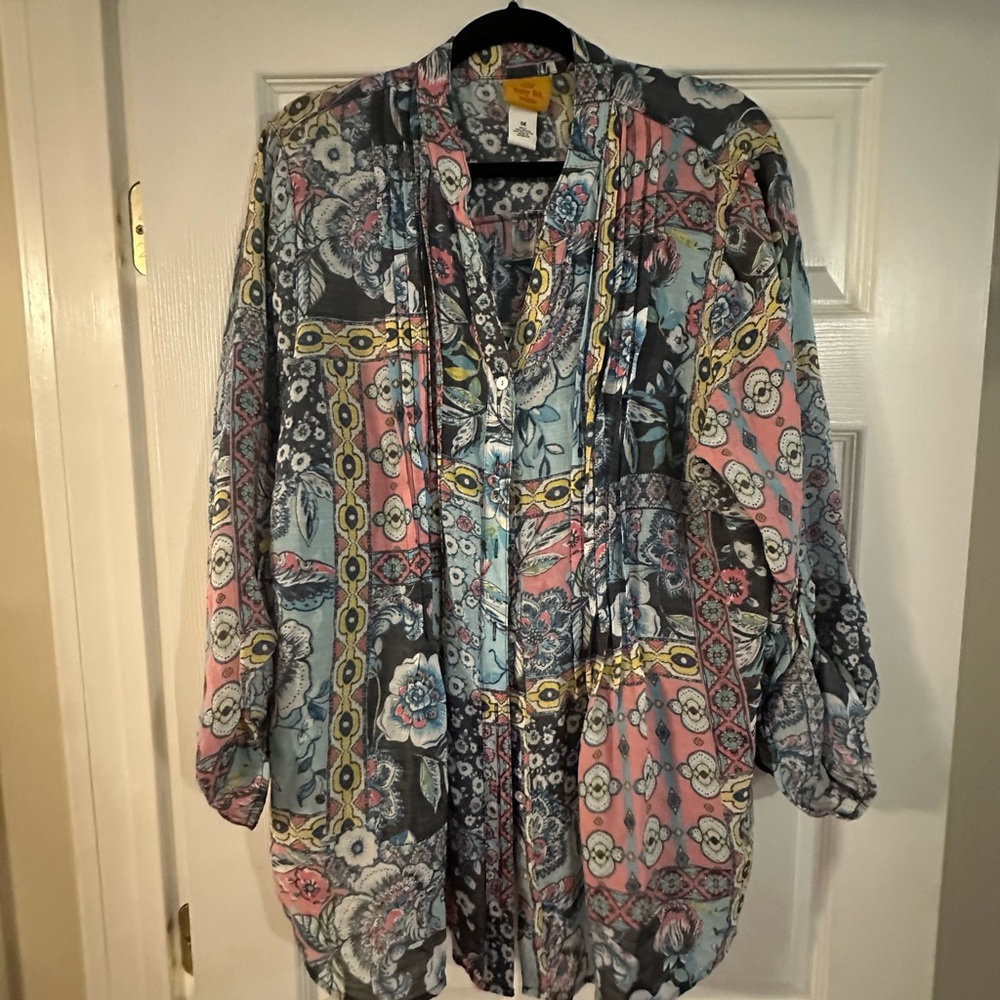 Ruby Rd. Women's Pink and Blue Patterned Button Down Shirt
